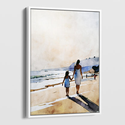 White framed canvas print of a watercolor-style painting showing a woman and a young girl holding hands while walking along a sandy beach.