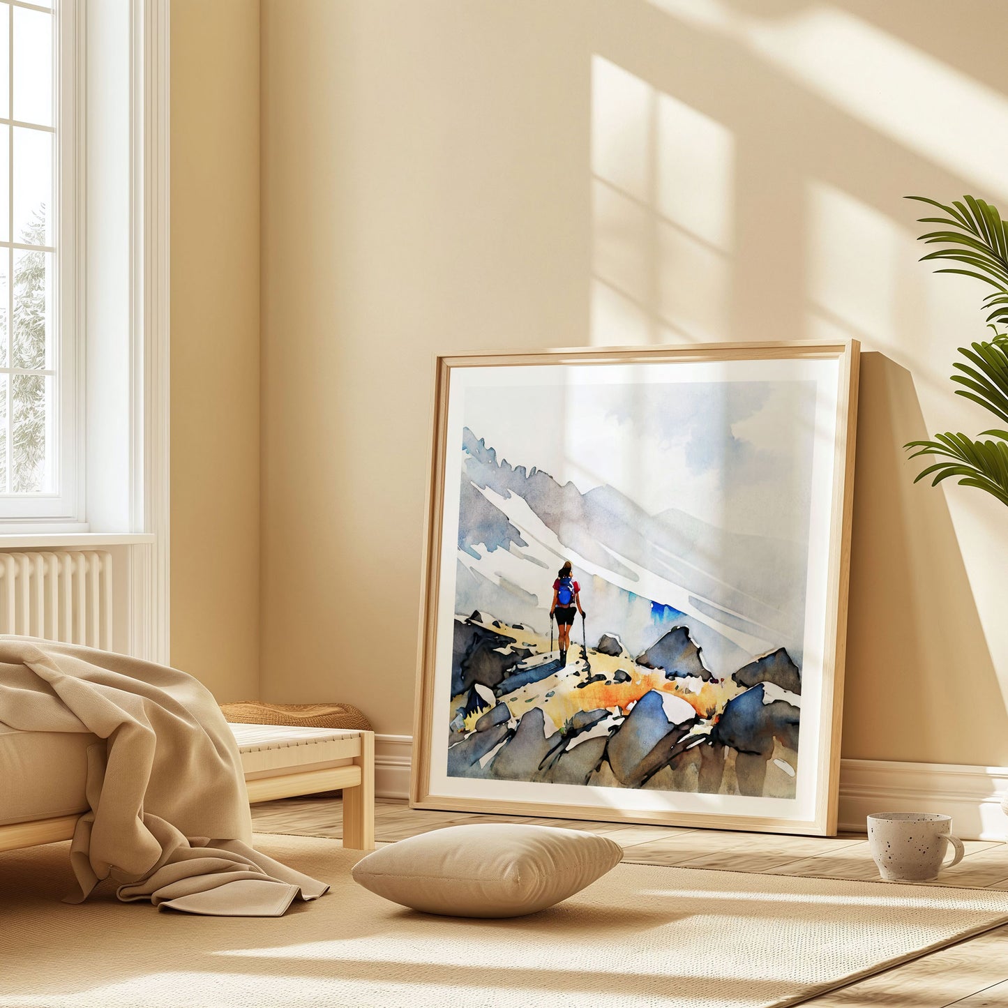 A framed artwork of a hiker on a mountain path leans against a beige wall in a sunlit room with a cushion and a blanket nearby.