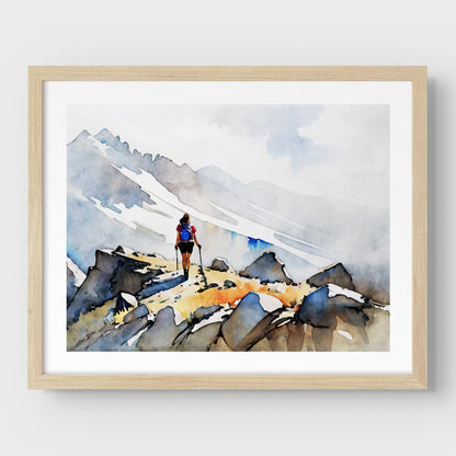 A natural wood framed artwork of a hiker with trekking poles and a blue backpack on a rocky mountain path.
