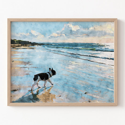 Digital watercolor print of a pied French Bulldog walking on a beach with blue ocean waves in a natural wood frame.