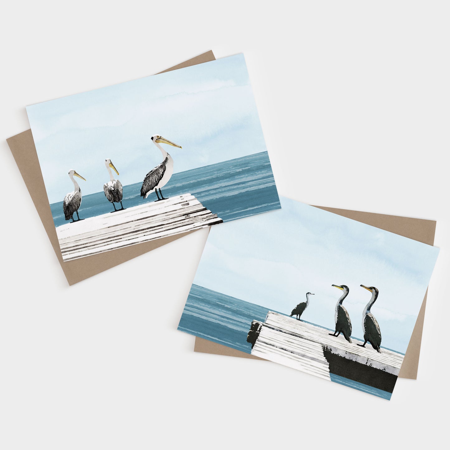 Two illustrated greeting cards featuring coastal birds—one shows three pelicans on a white dock over blue water, and the other shows three cormorants on a similar dock, both under soft blue skies.