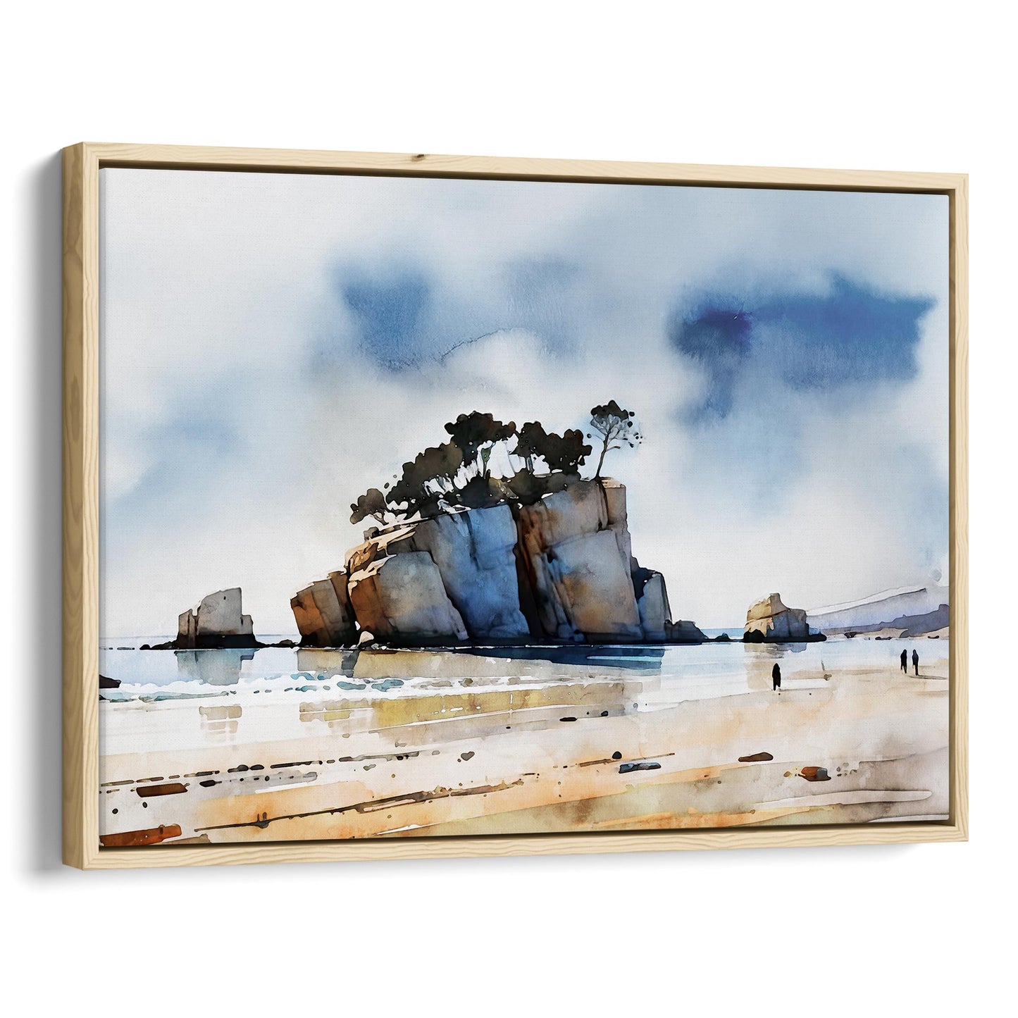 Natural wood framed canvas watercolor print of a coastal scene with a large rock formation topped with windswept trees, calm water reflections, and a sandy shore with a few distant figures.
