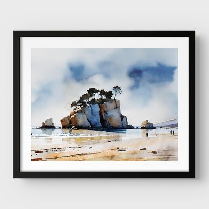 Black framed watercolor painting of a coastal scene with a large rock formation topped with windswept trees, calm water reflections, and a sandy shore with a few distant figures.
