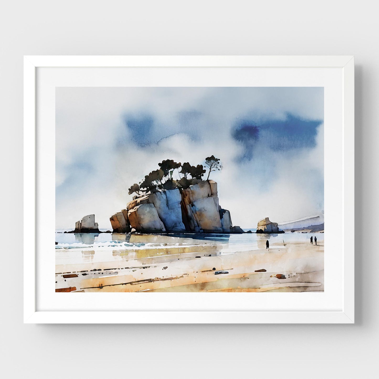White framed watercolor painting of a coastal scene with a large rock formation topped with windswept trees, calm water reflections, and a sandy shore with a few distant figures.