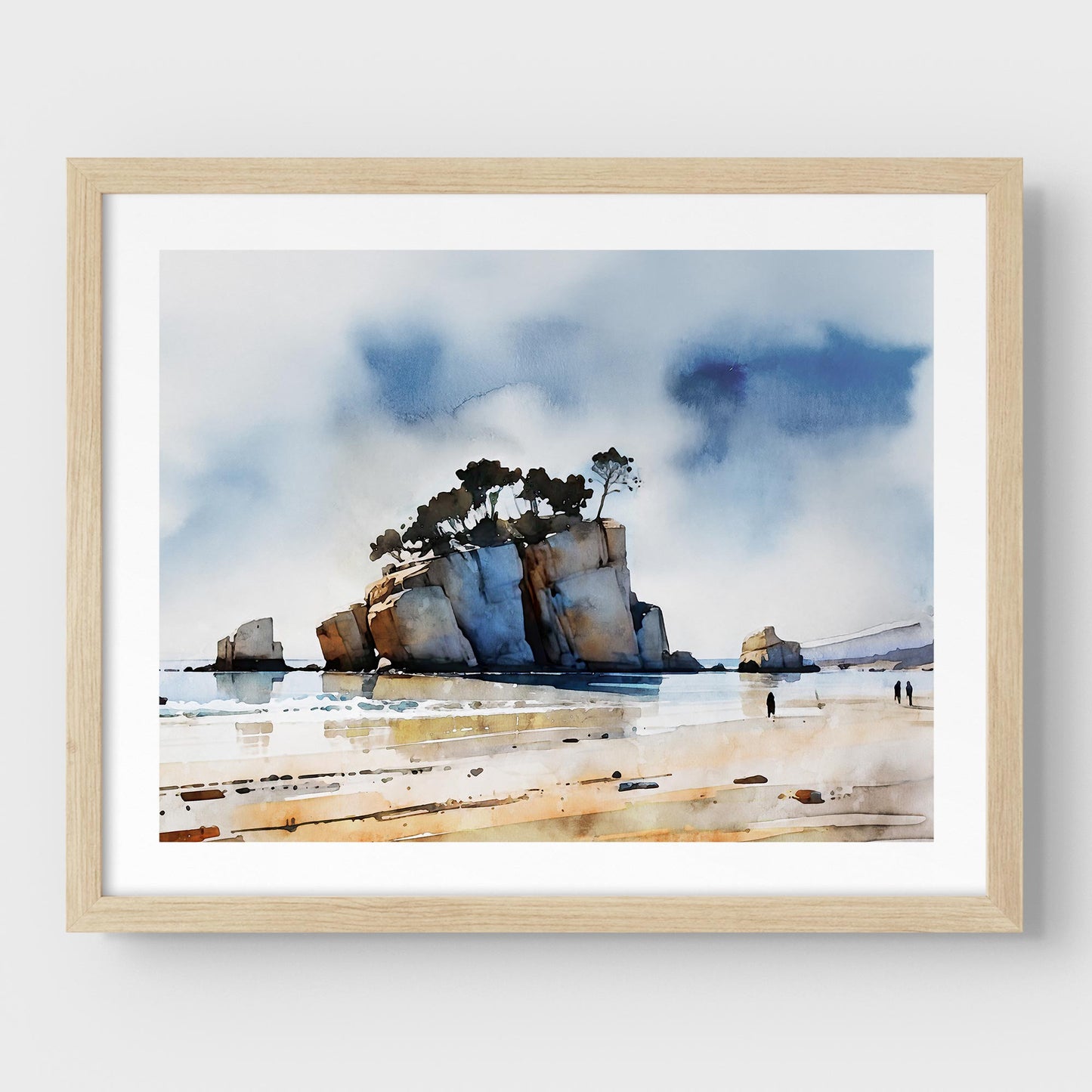 Natural wood framed watercolor painting of a coastal scene with a large rock formation topped with windswept trees, calm water reflections, and a sandy shore with a few distant figures.