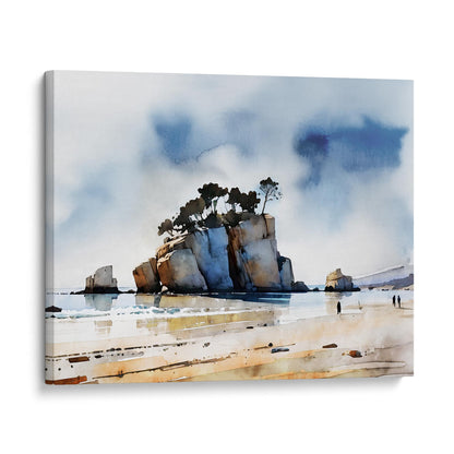 Canvas watercolor print of a coastal scene with a large rock formation topped with windswept trees, calm water reflections, and a sandy shore with a few distant figures.