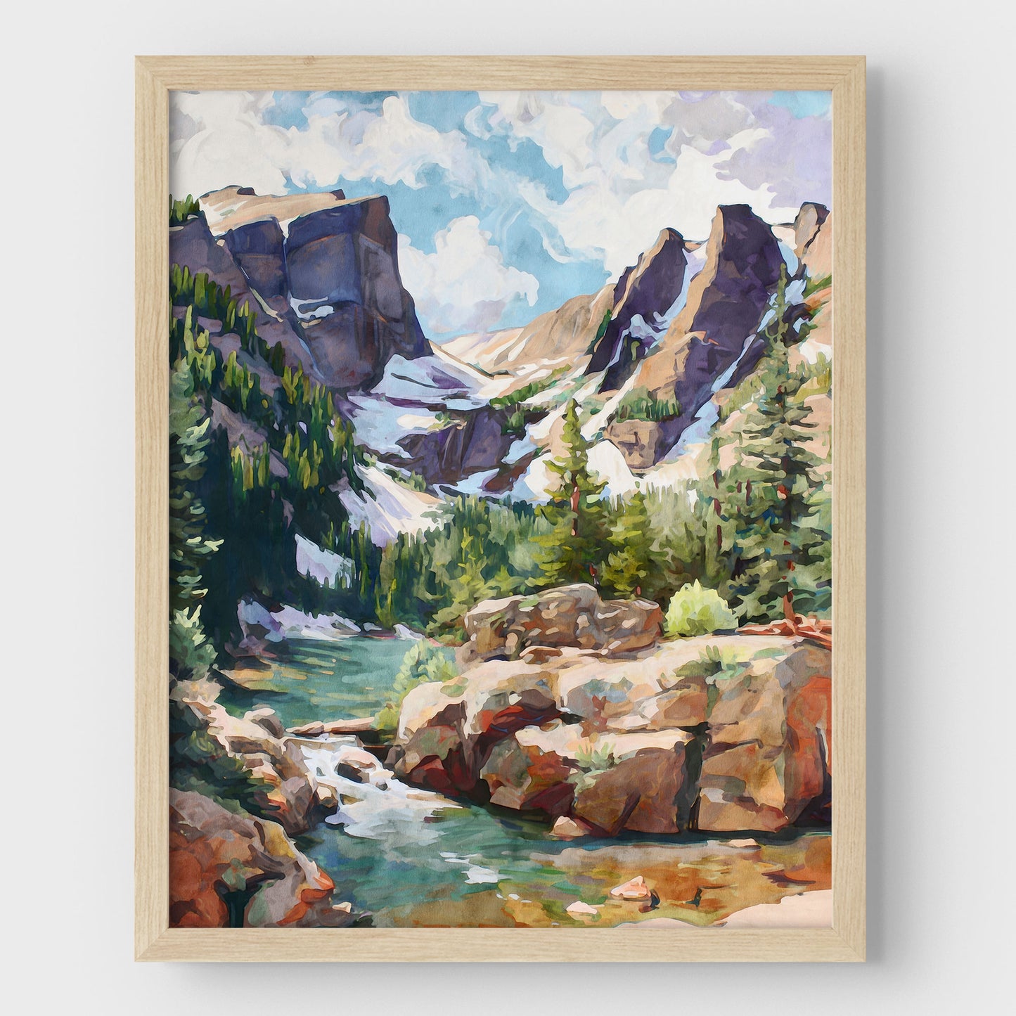 Framed painting of a mountain landscape with a river and trees.