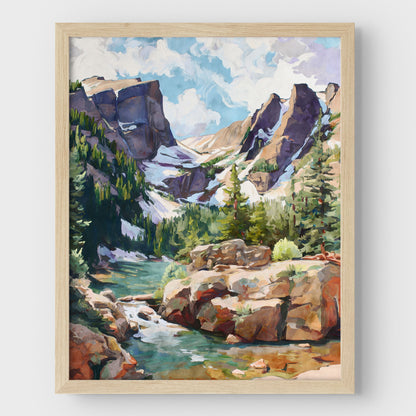 Framed painting of a mountain landscape with a river and trees.