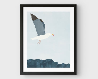 Minimalist digital illustration of a seagull in mid-flight with wings partially raised, soaring above a rocky surface against a pale blue sky, framed in black.