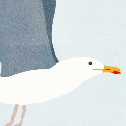Close-up digital illustration of a seagull in flight, showing its white head, black eye, and yellow beak with a red tip against a pale blue background.