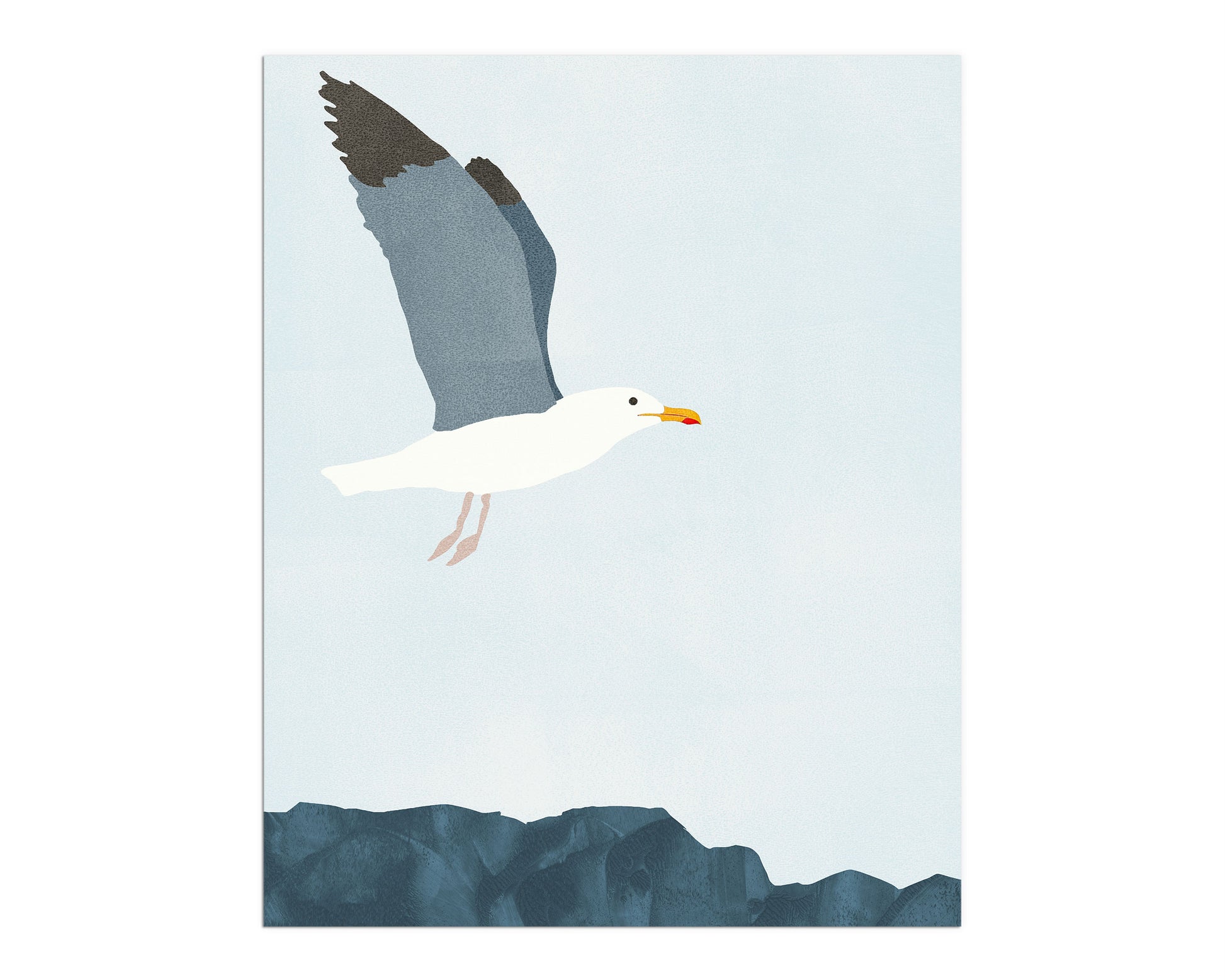 Minimalist illustration of a seagull in flight above a rocky shoreline, set against a pale blue sky with subtle texture.