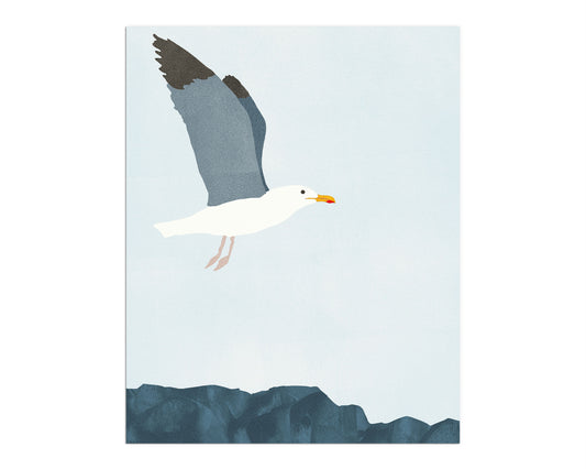 Minimalist illustration of a seagull in flight above a rocky shoreline, set against a pale blue sky with subtle texture.