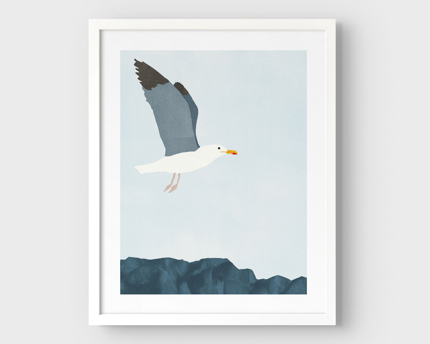 Minimalist digital illustration of a seagull in mid-flight with wings partially raised, soaring above a rocky surface against a pale blue sky, framed in white.