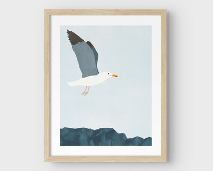 Minimalist digital illustration of a seagull in mid-flight with wings partially raised, soaring above a rocky surface against a pale blue sky, framed in natural wood.