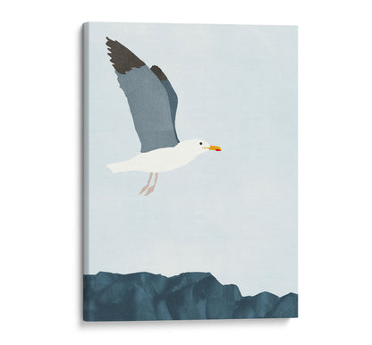 Minimalist illustration of a seagull in mid-flight above a rocky shoreline, with its wings outstretched against a soft blue sky.