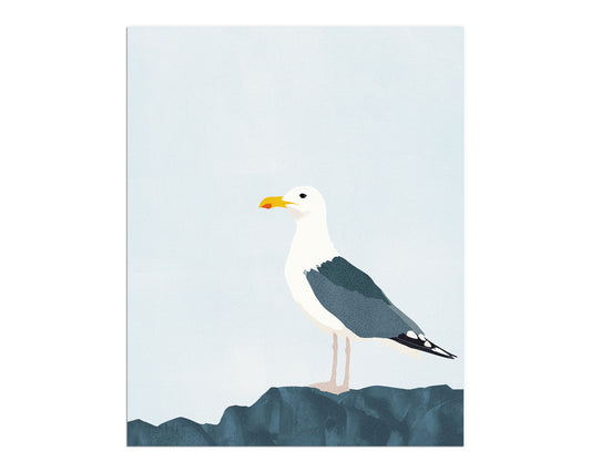 Minimalist illustration of a seagull standing on a dark blue rock against a pale blue background, depicted in a flat, modern style.