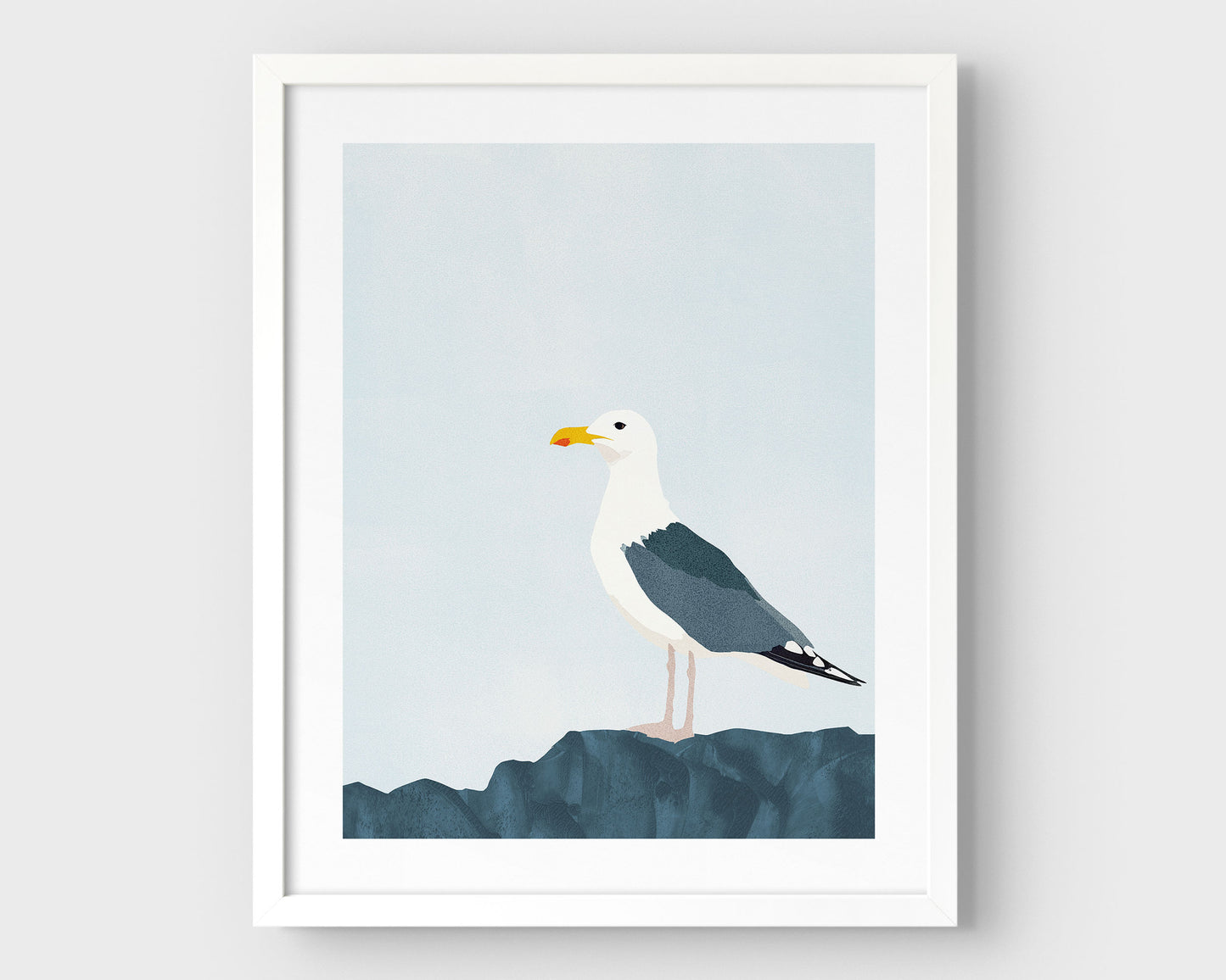 Minimalist illustration of a seagull perched on a dark blue rock against a pale blue sky, framed in white with a white border.