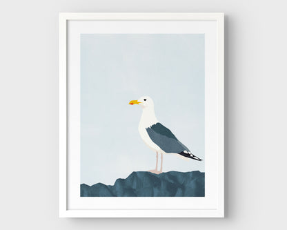 Minimalist illustration of a seagull perched on a dark blue rock against a pale blue sky, framed in white with a white border.