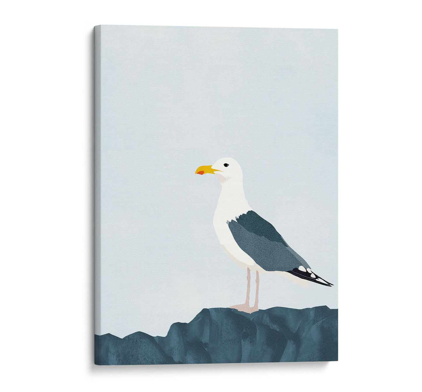 Canvas print of a minimalist illustration of a seagull perched on a dark blue rock against a pale blue background.