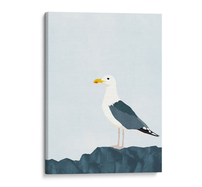 Canvas print of a minimalist illustration of a seagull perched on a dark blue rock against a pale blue background.