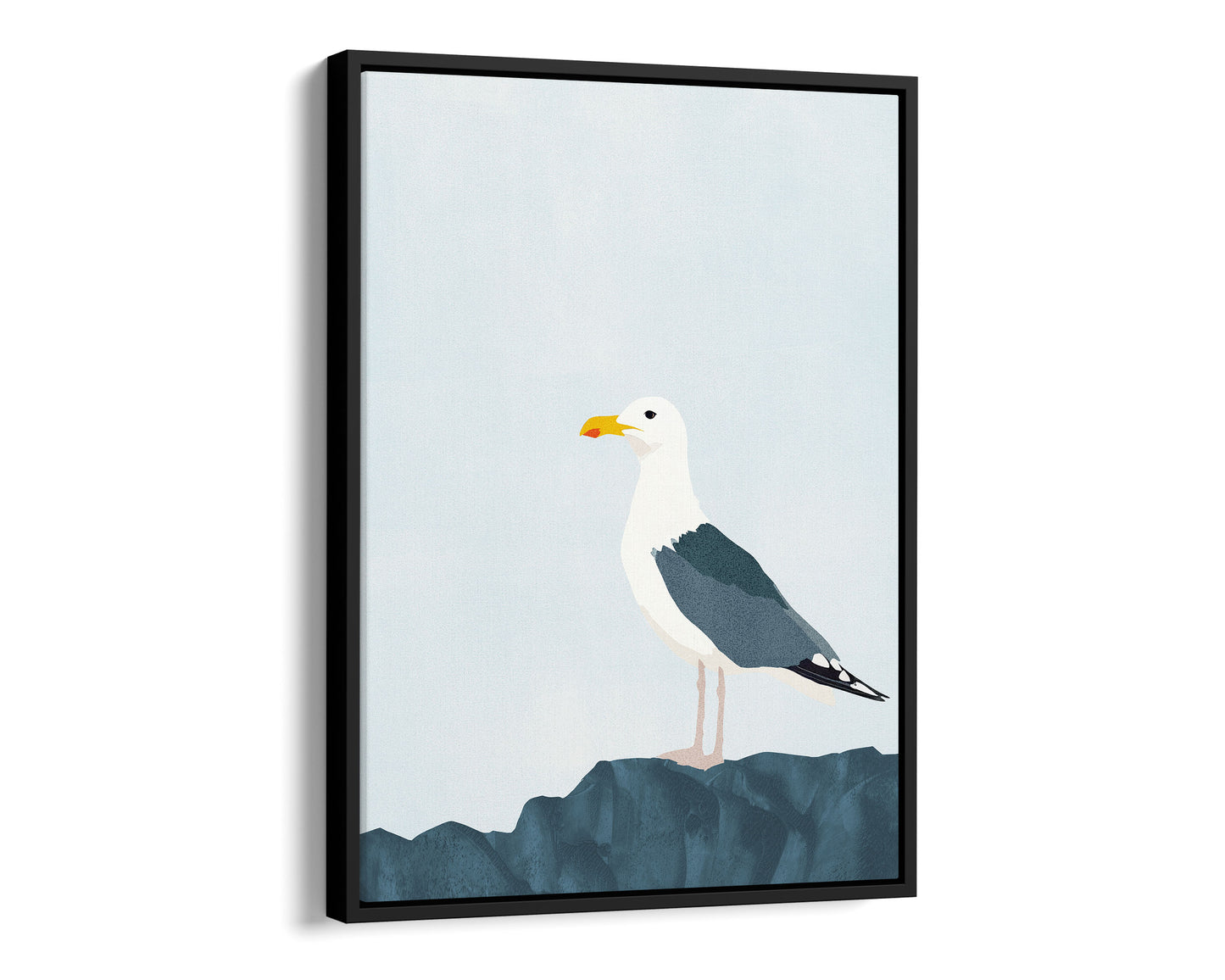 Black framed canvas print of a minimalist illustration of a seagull standing on a dark blue rock against a pale blue background.