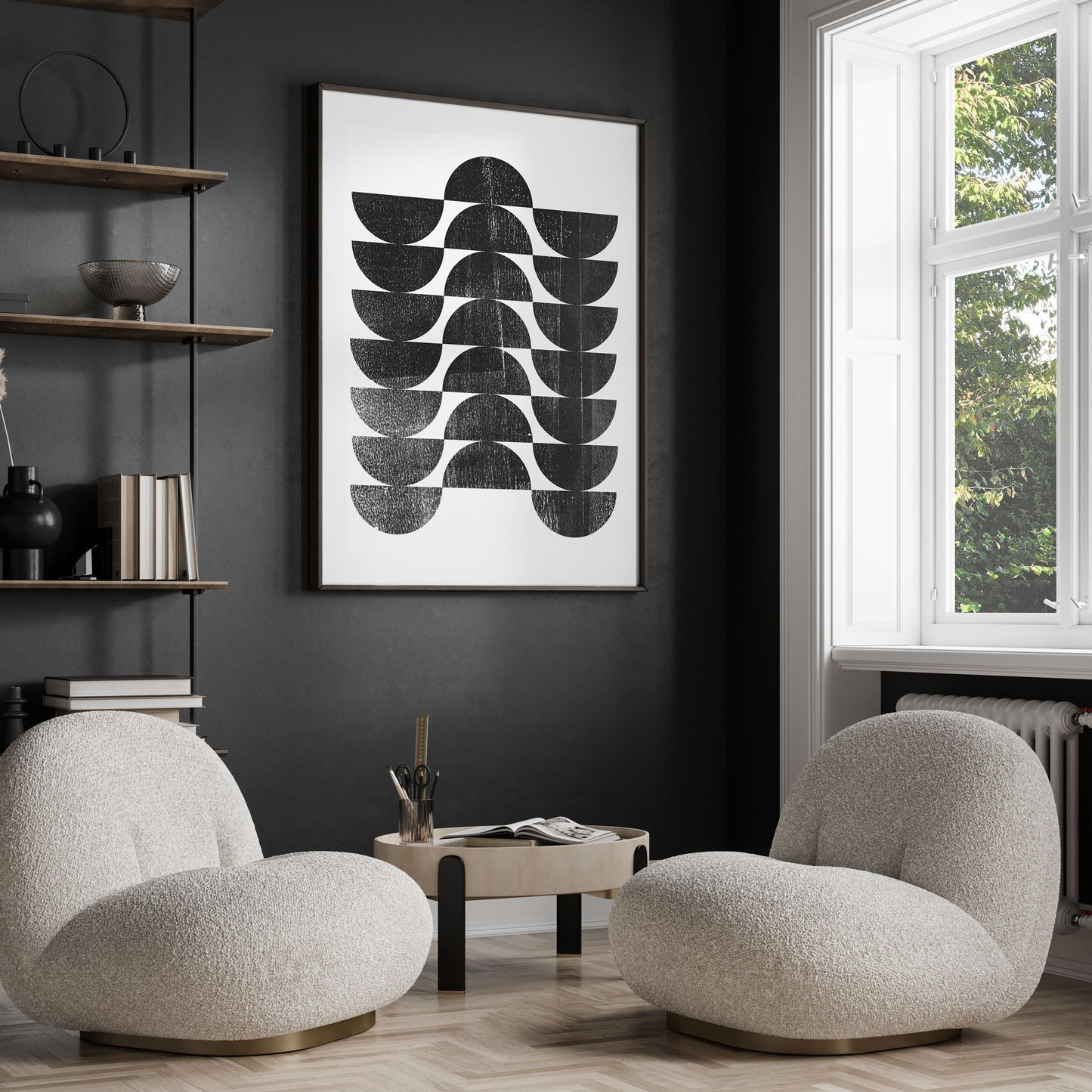 Mid Century Modern Black and White Geometric Op Art Abstract Print