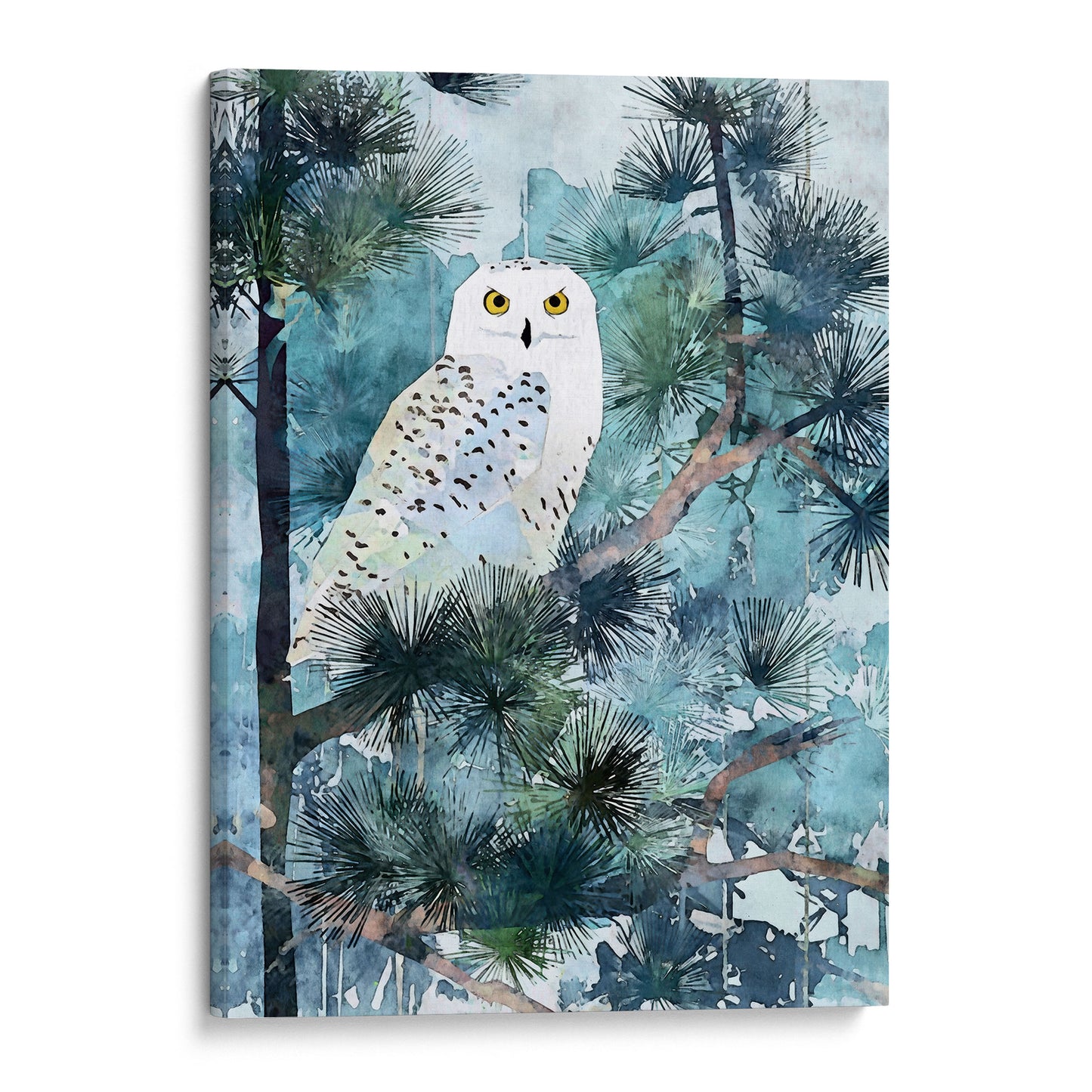 Snowy Owl in Pine Forest Watercolor Art Print