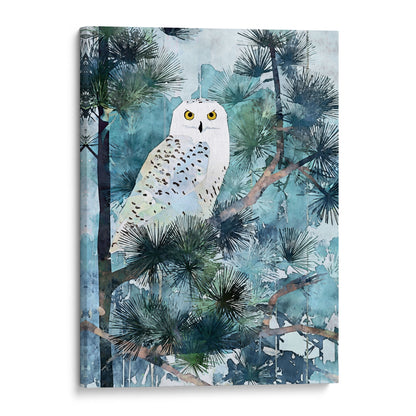 Snowy Owl in Pine Forest Watercolor Art Print