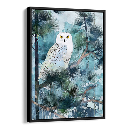 Snowy Owl in Pine Forest Watercolor Art Print