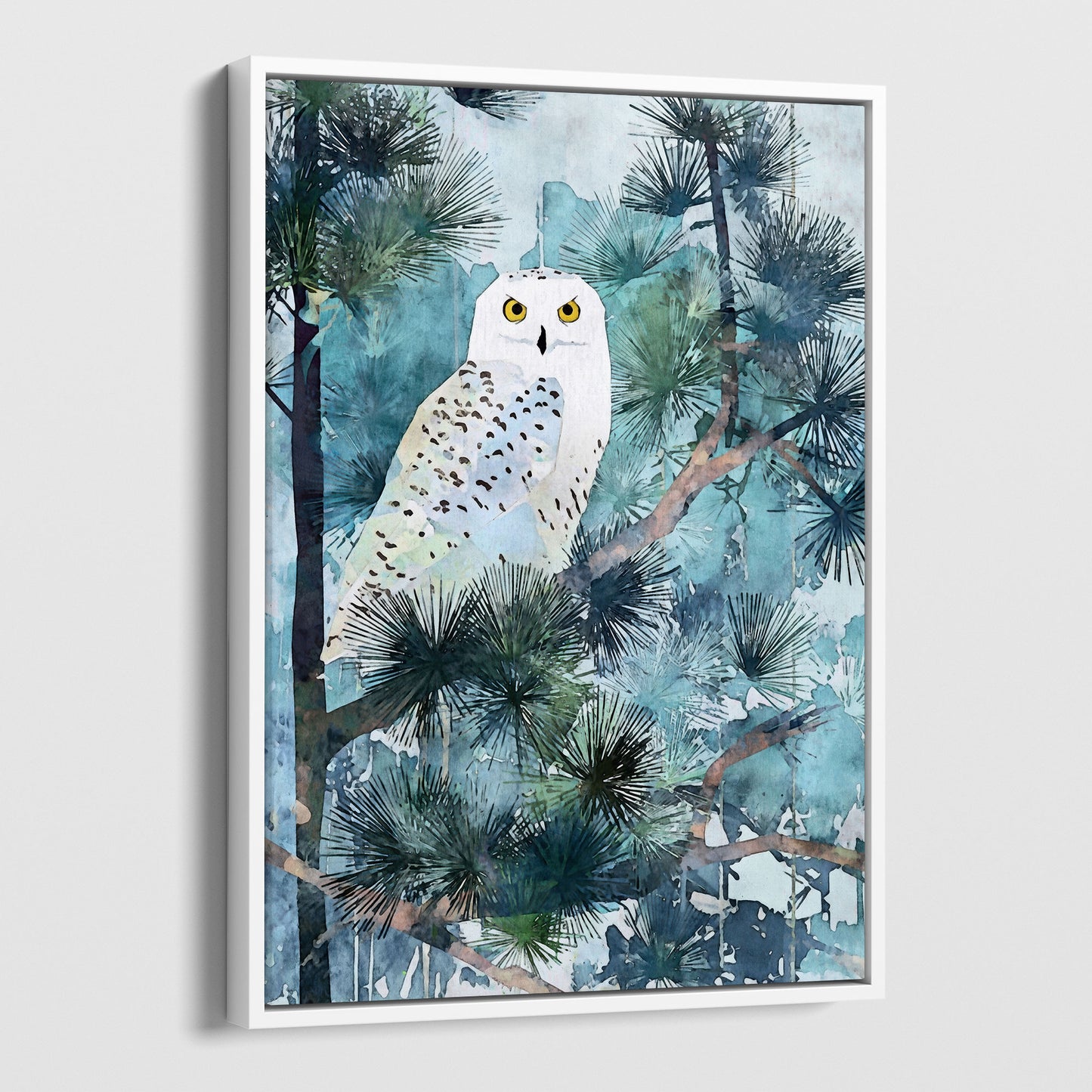 Snowy Owl in Pine Forest Watercolor Art Print