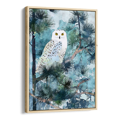 Snowy Owl in Pine Forest Watercolor Art Print