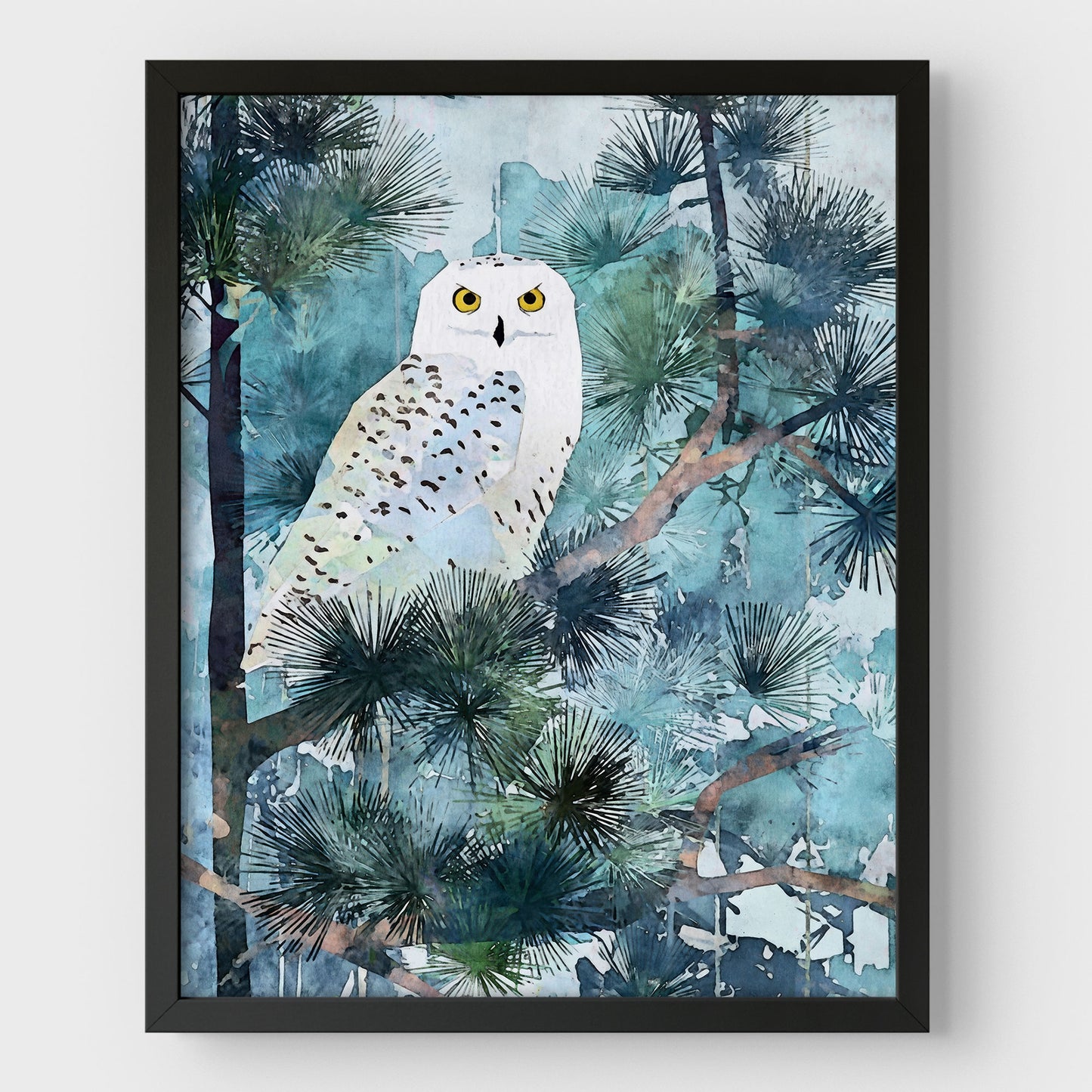 Snowy Owl in Pine Forest Watercolor Art Print