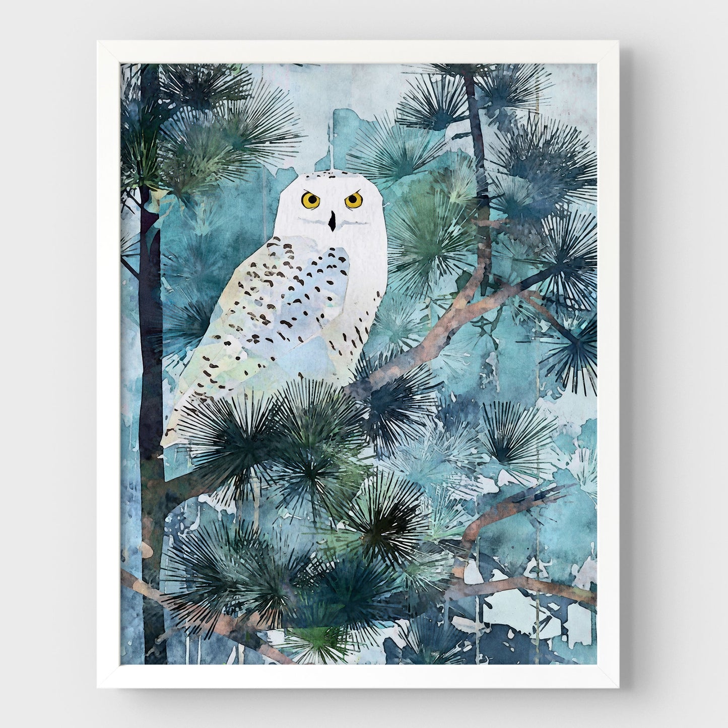 Snowy Owl in Pine Forest Watercolor Art Print
