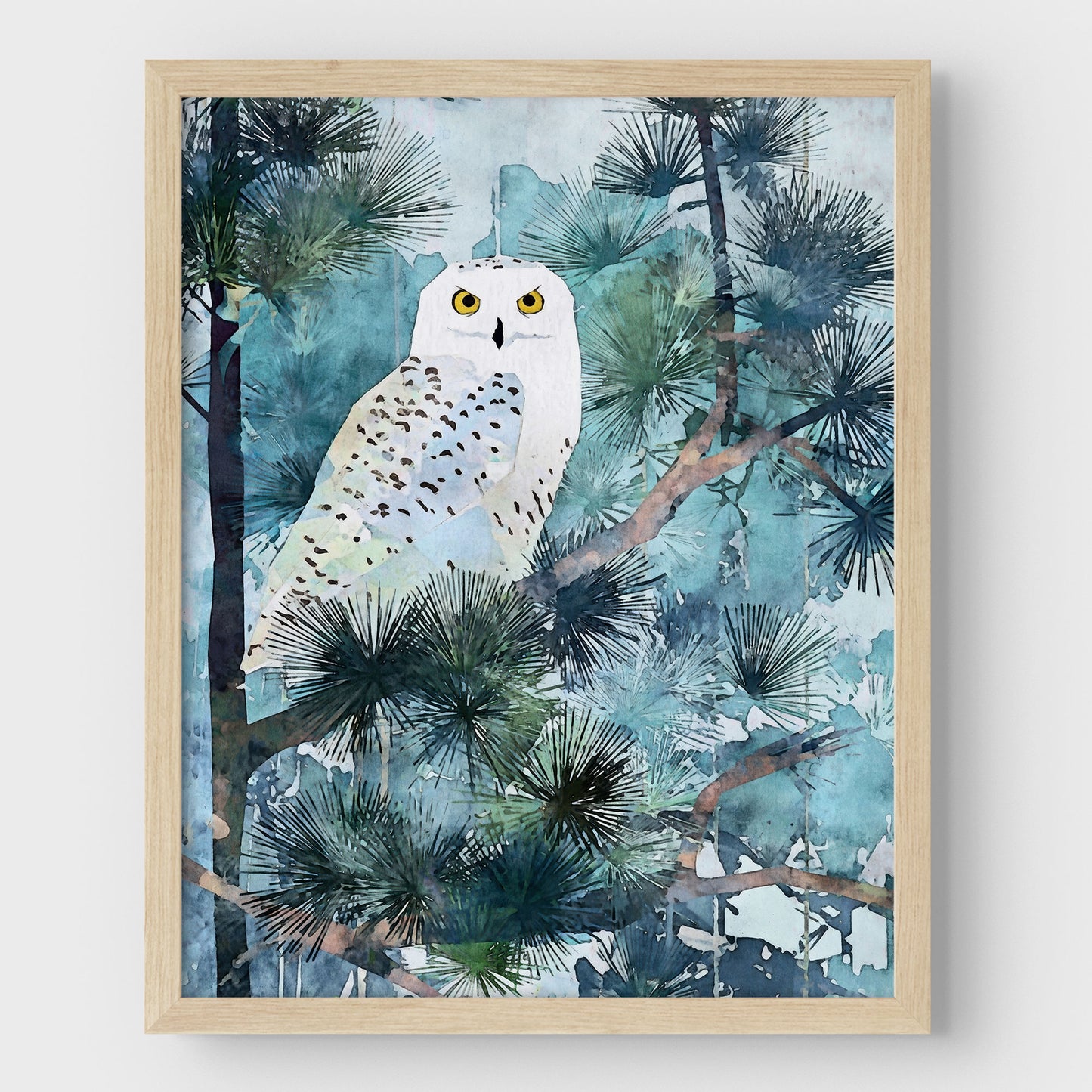 Snowy Owl in Pine Forest Watercolor Art Print