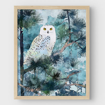 Snowy Owl in Pine Forest Watercolor Art Print