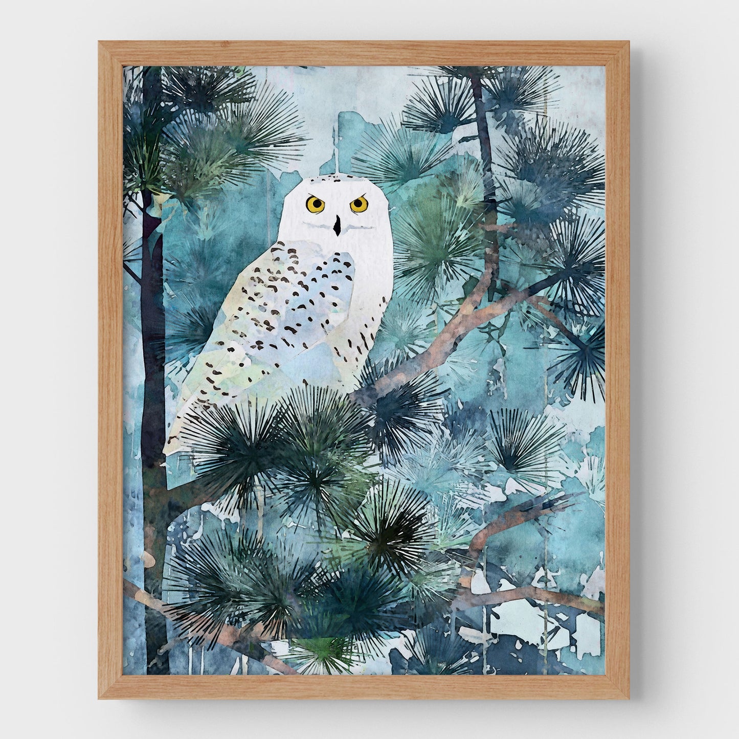 Snowy Owl in Pine Forest Watercolor Art Print