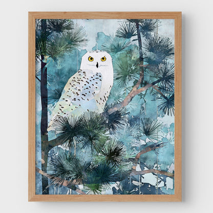 Snowy Owl in Pine Forest Watercolor Art Print