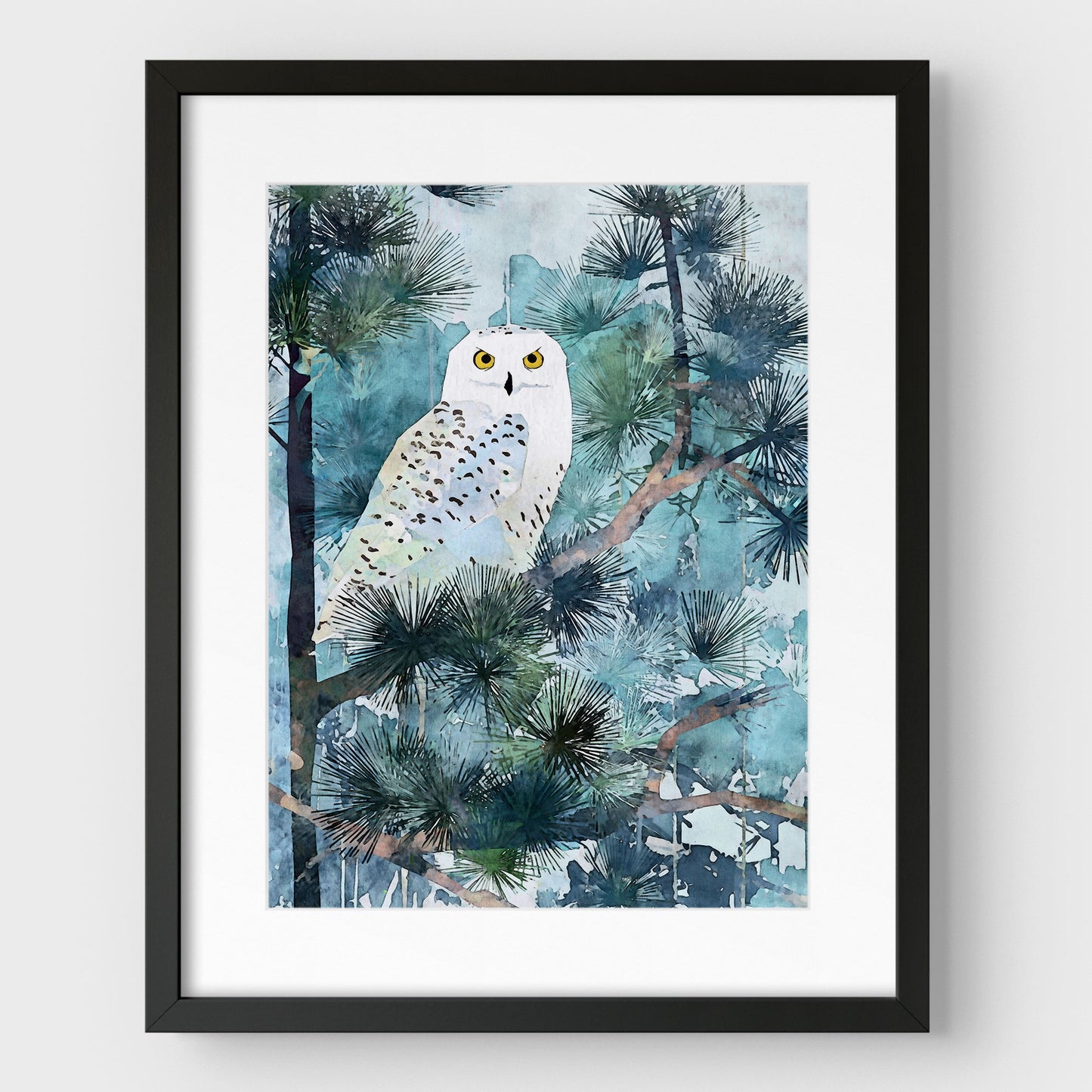 Snowy Owl in Pine Forest Watercolor Art Print