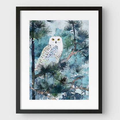 Snowy Owl in Pine Forest Watercolor Art Print