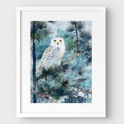 Snowy Owl in Pine Forest Watercolor Art Print