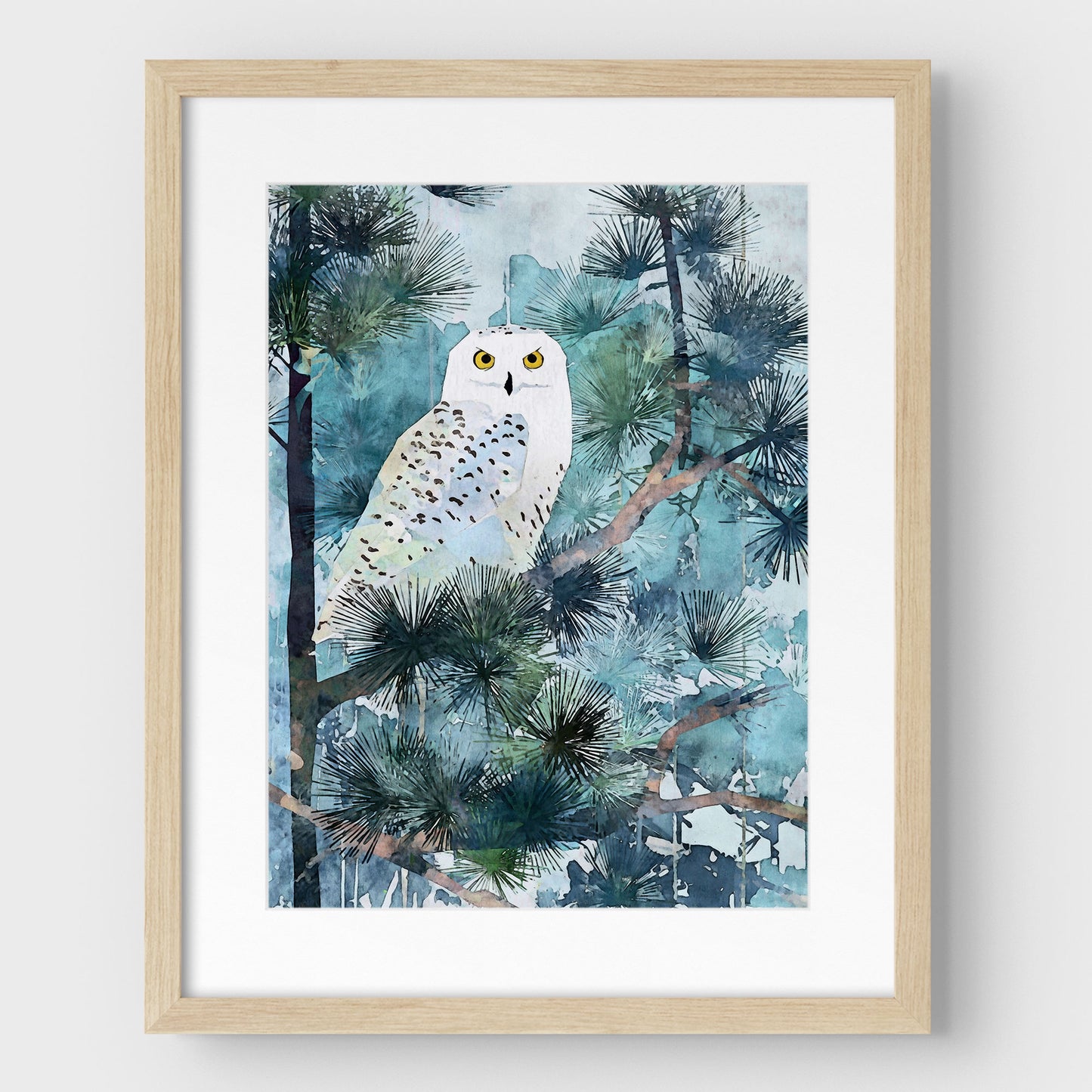 Snowy Owl in Pine Forest Watercolor Art Print