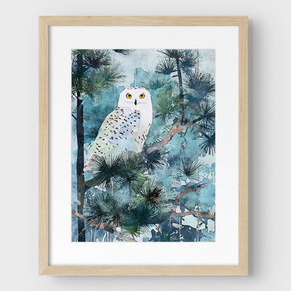 Snowy Owl in Pine Forest Watercolor Art Print