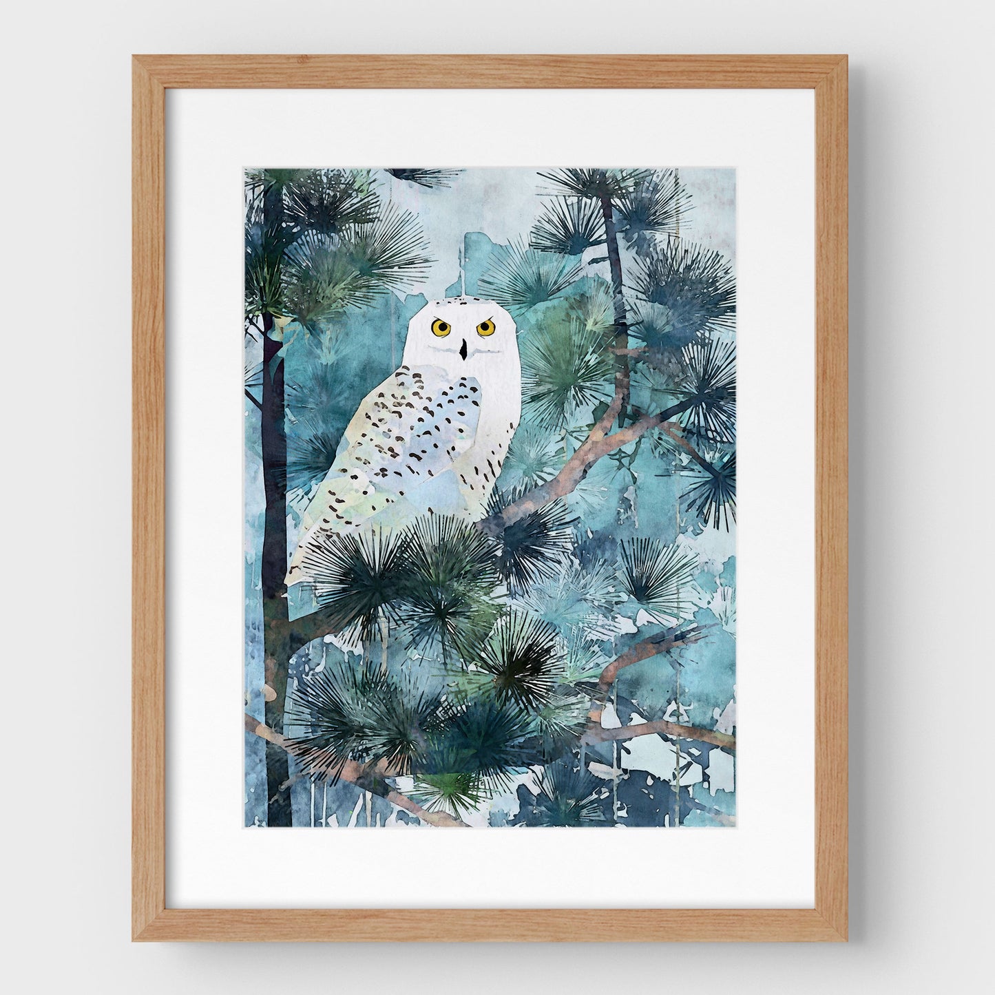 Snowy Owl in Pine Forest Watercolor Art Print