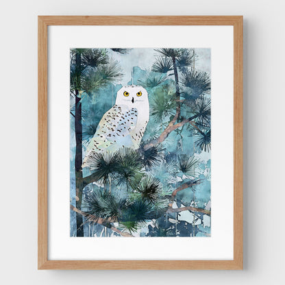 Snowy Owl in Pine Forest Watercolor Art Print