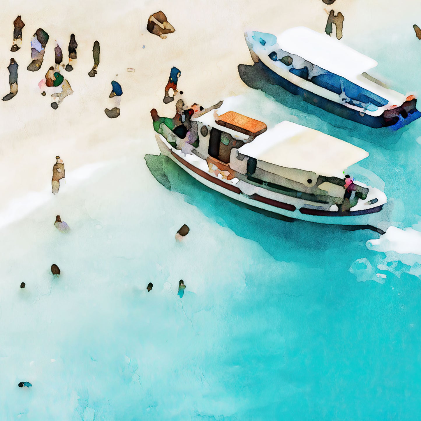 Close up of watercolor-style artwork of two boats docked near a beach with people scattered on the sand and swimming in clear turquoise water.