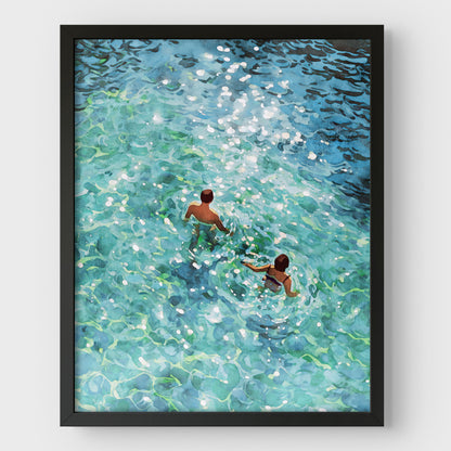 Couple Swimming in Sunlit Sea Art Print