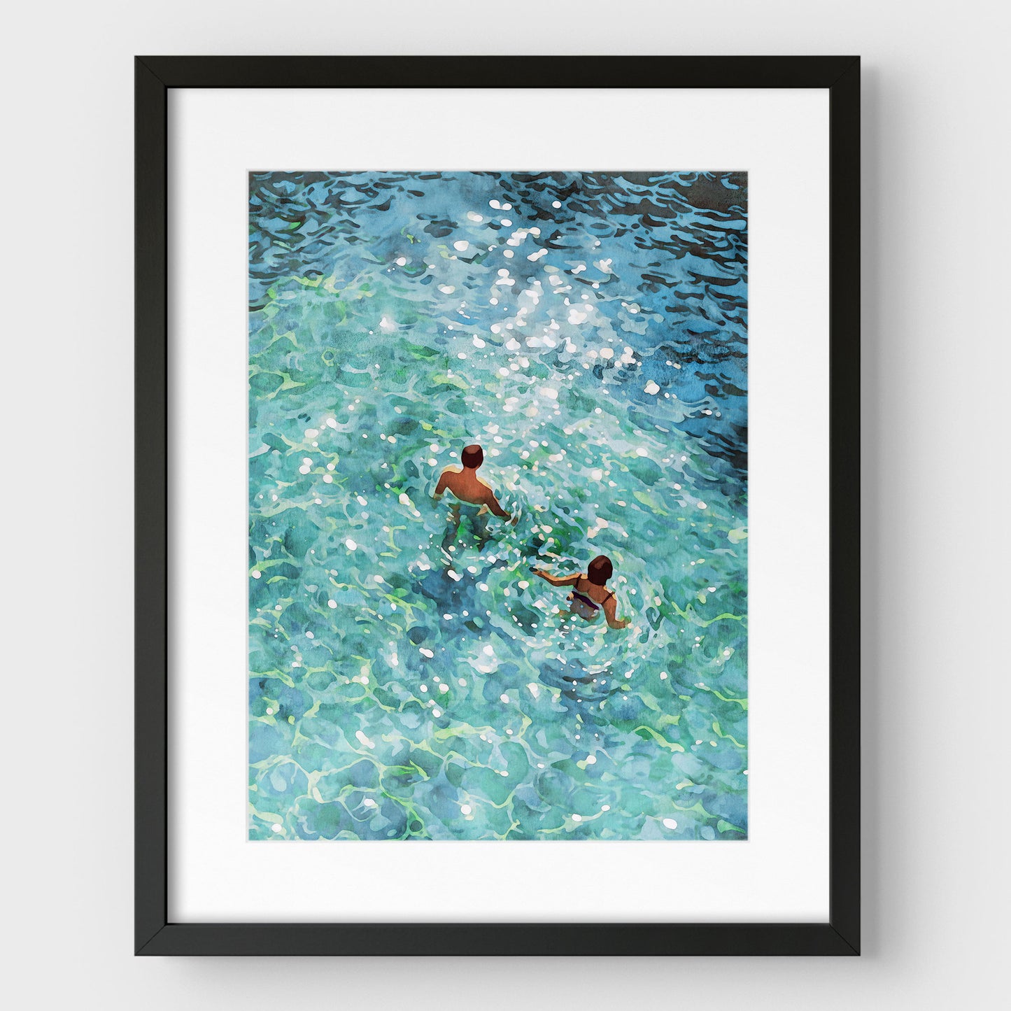 Couple Swimming in Sunlit Sea Art Print