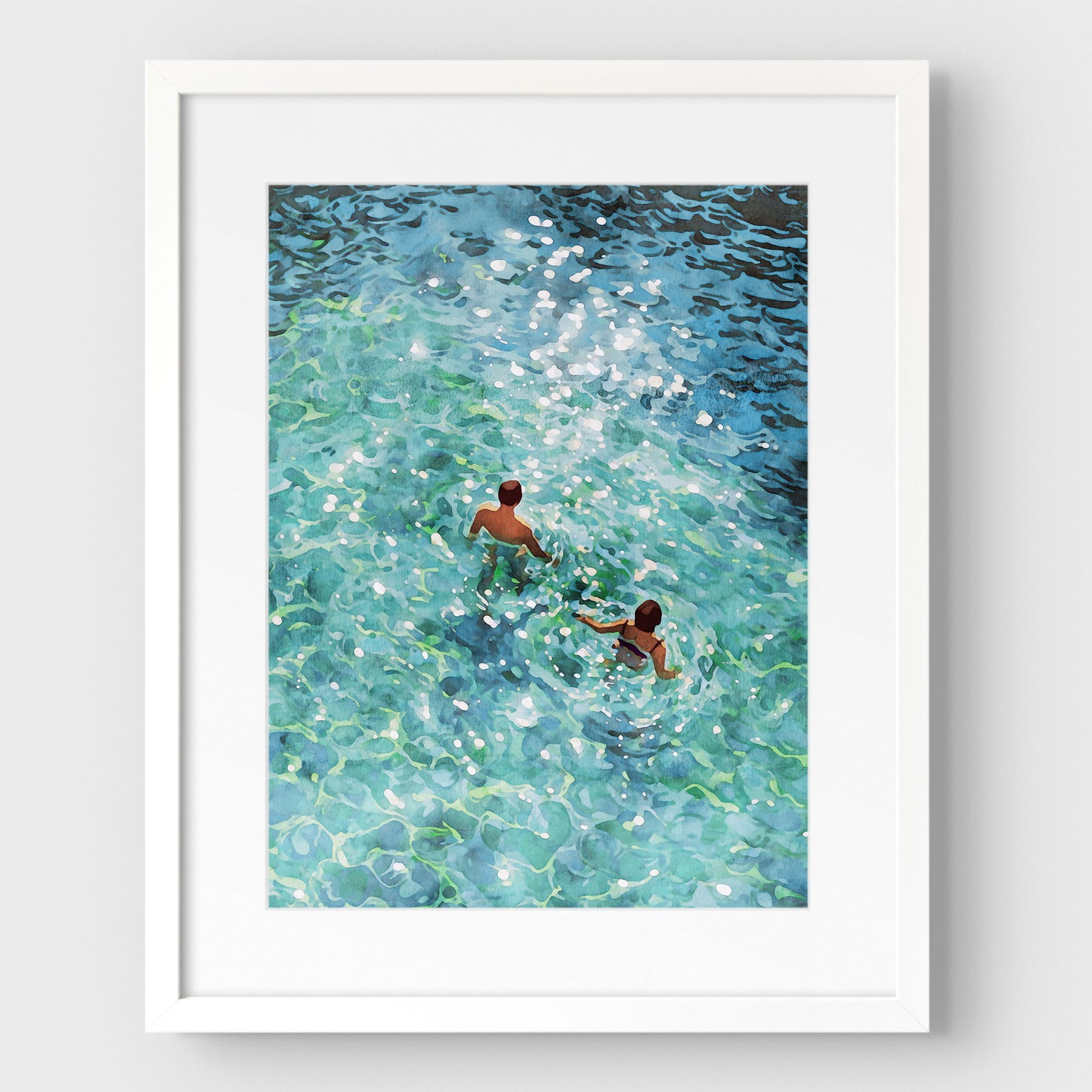 Couple Swimming in Sunlit Sea Art Print