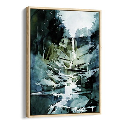 Framed canvas print of a watercolor painting featuring a waterfall cascading over rocks, set in a natural wood frame.