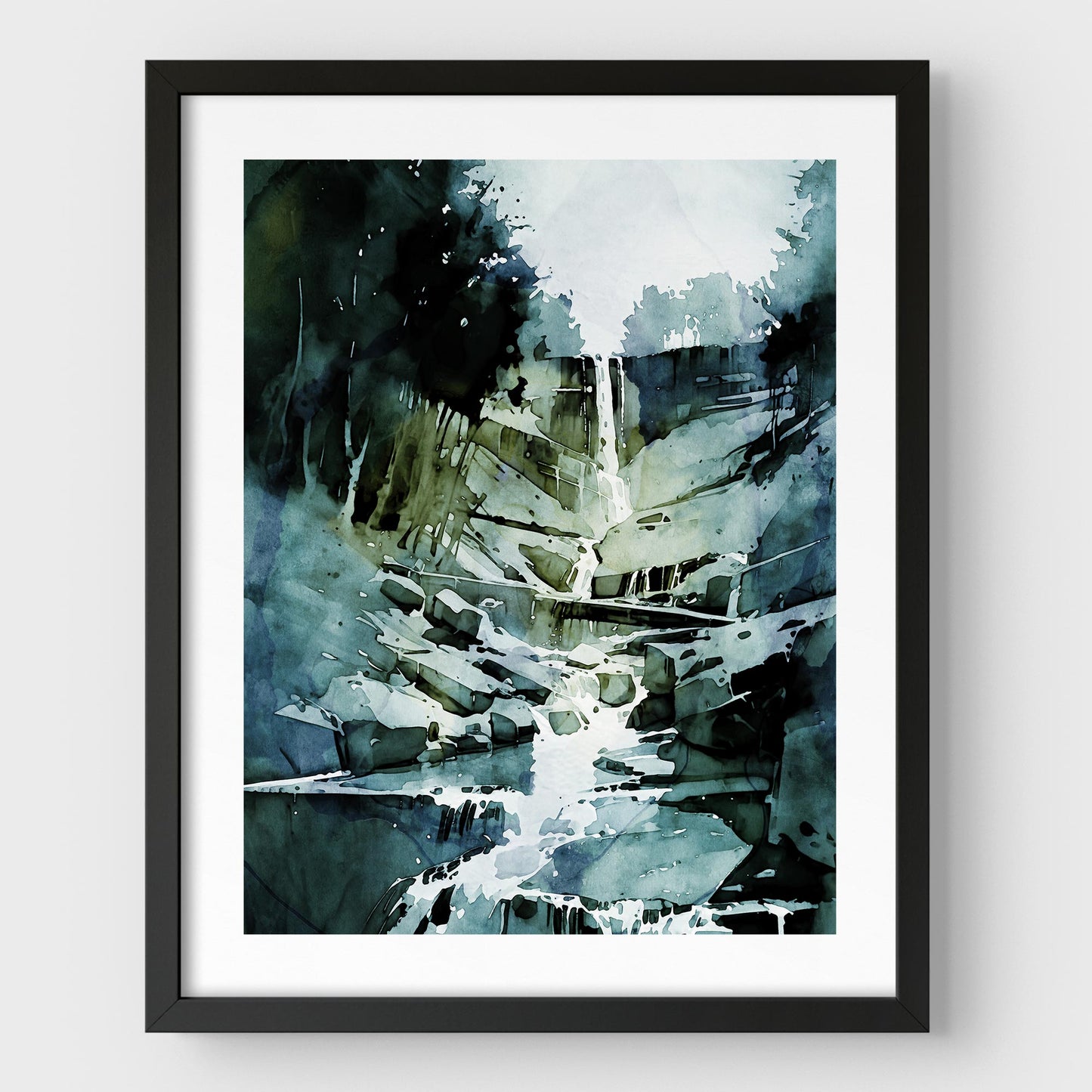 Framed watercolor painting of a waterfall flowing over rocks, mounted on a white wall with a black frame.